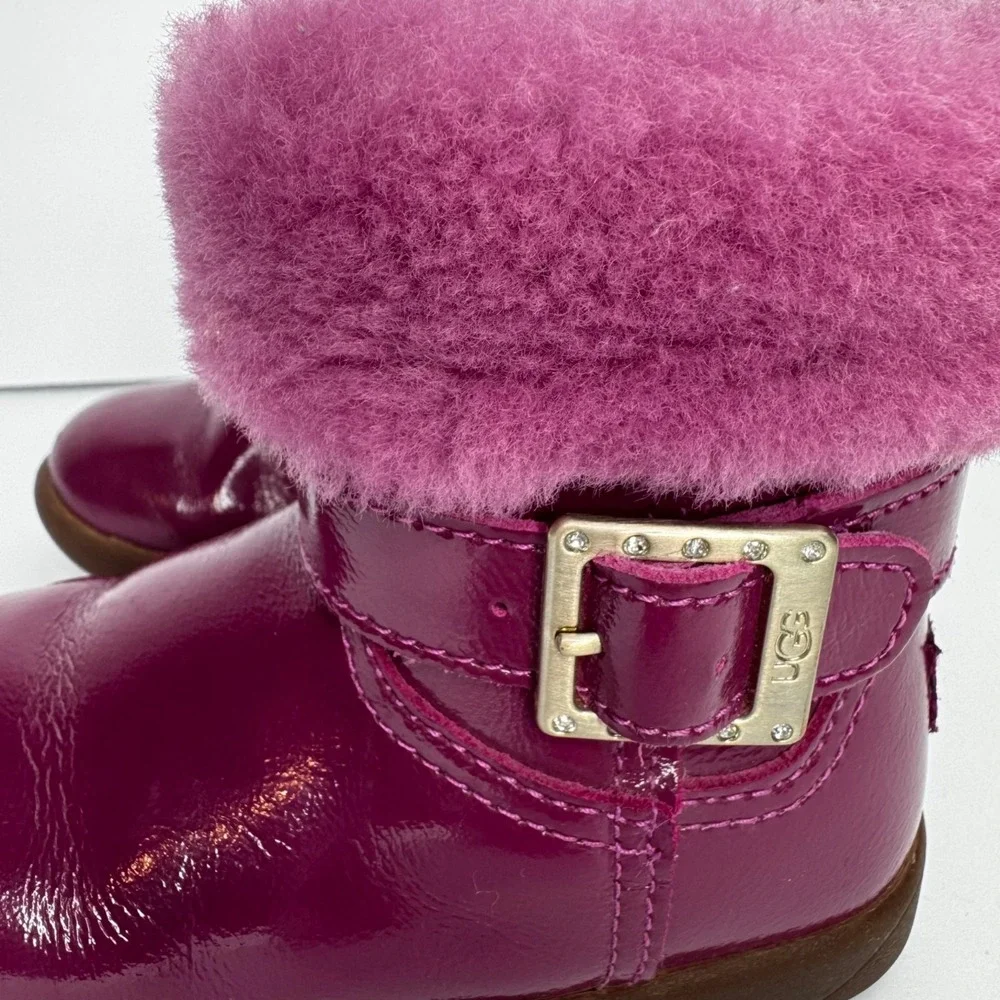 UGG Toddler Size 6.5 Gemma Pink‎ Patent Leather Winter Boots Rhinestone Buckle